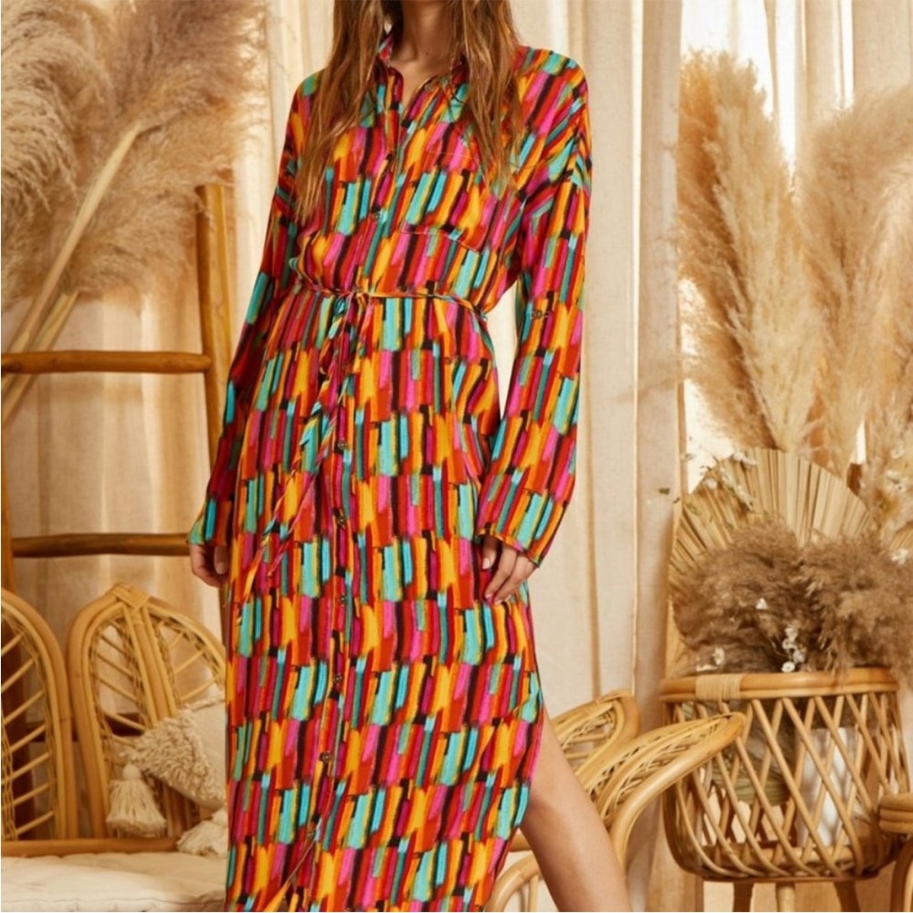 Savanna Jane Vibrant Aztec Embroidered Long Sleeve Shirt Maxi Dress Large Boho